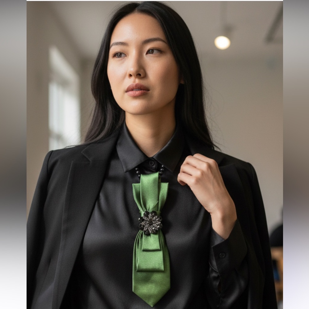 “Dainty Dapper”Elegant Green Necktie with Crystal Brooch
